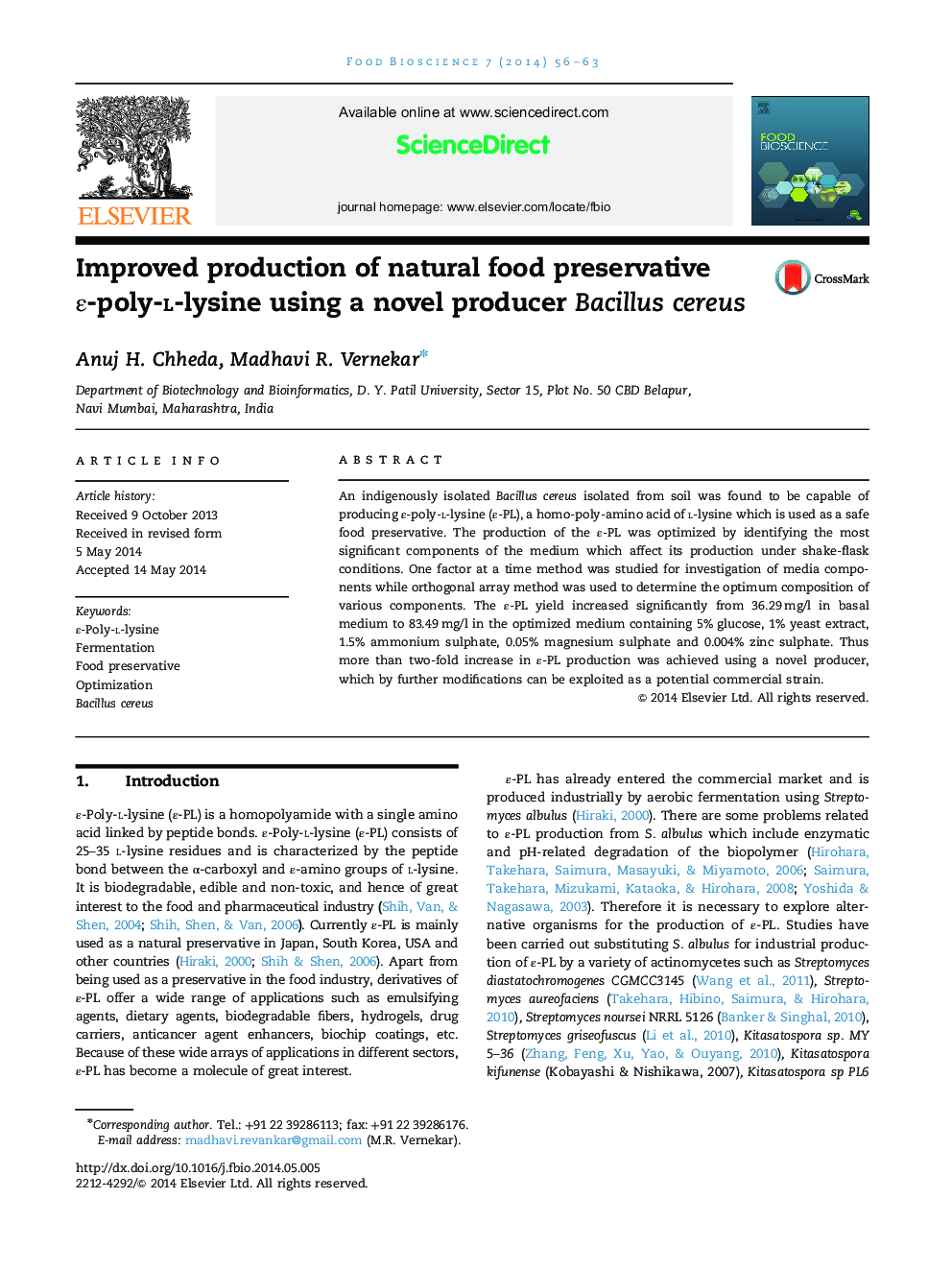 Improved production of natural food preservative ε-poly-l-lysine using a novel producer Bacillus cereus