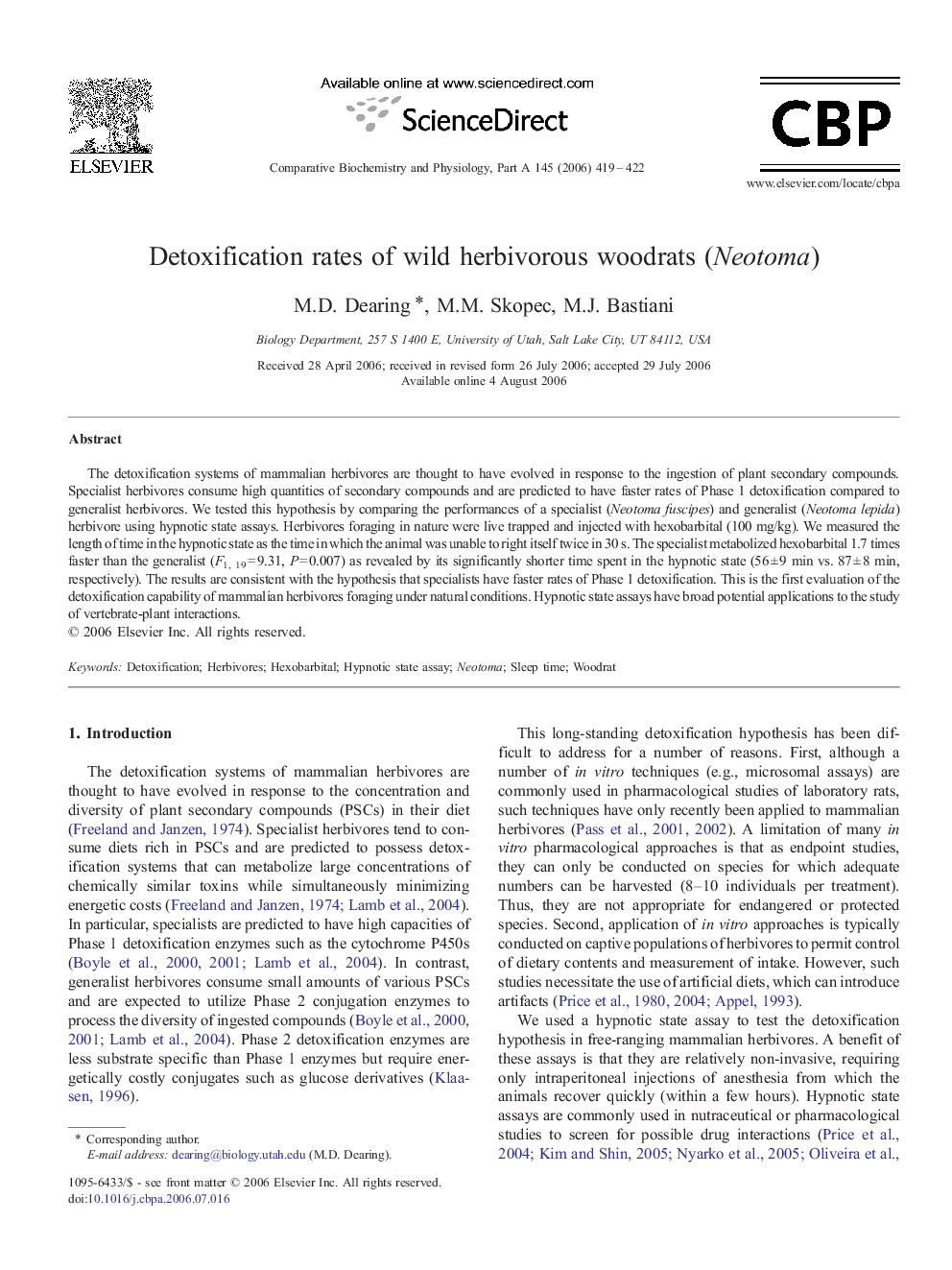 Detoxification rates of wild herbivorous woodrats (Neotoma)