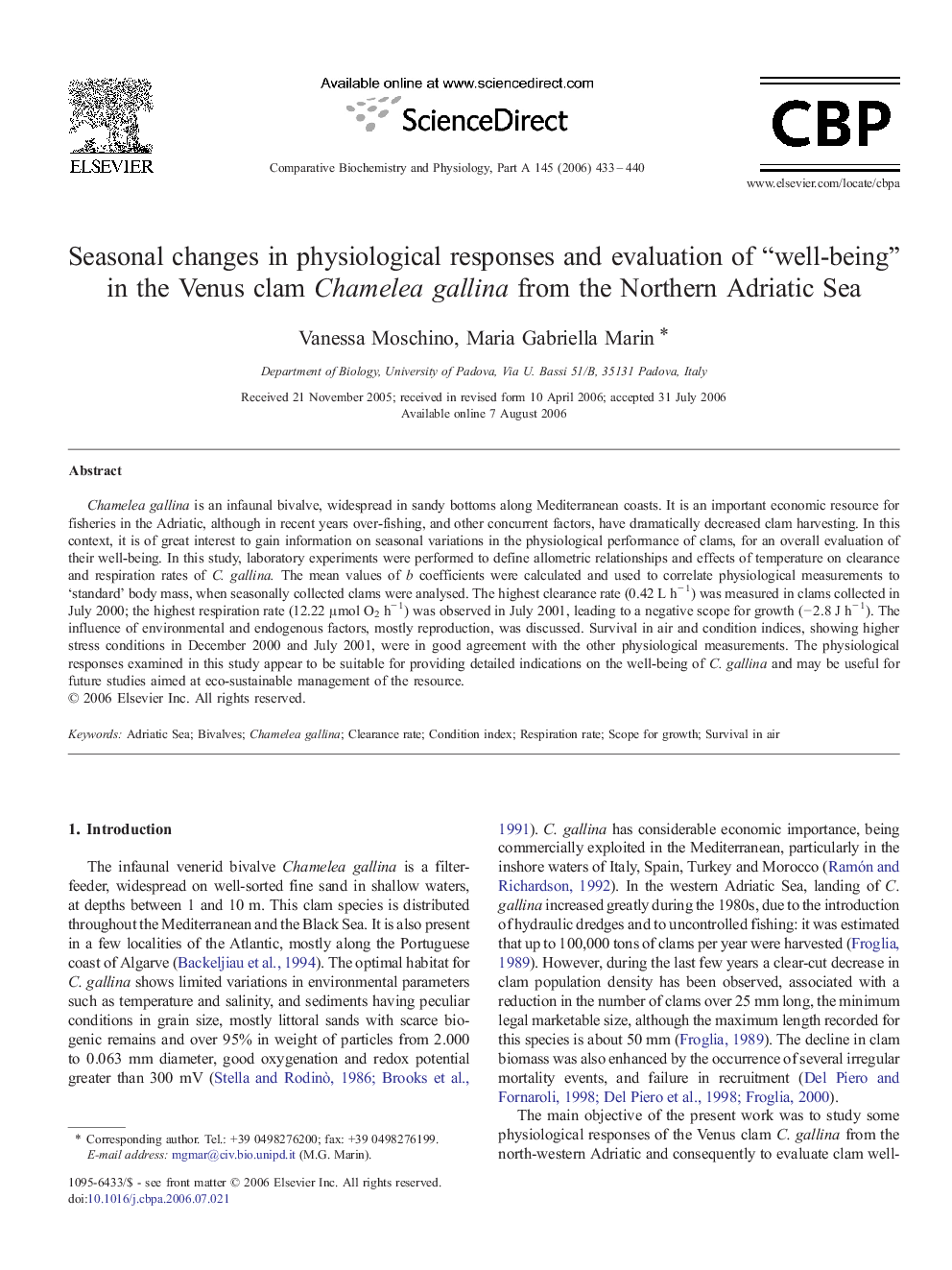 Seasonal changes in physiological responses and evaluation of “well-being” in the Venus clam Chamelea gallina from the Northern Adriatic Sea