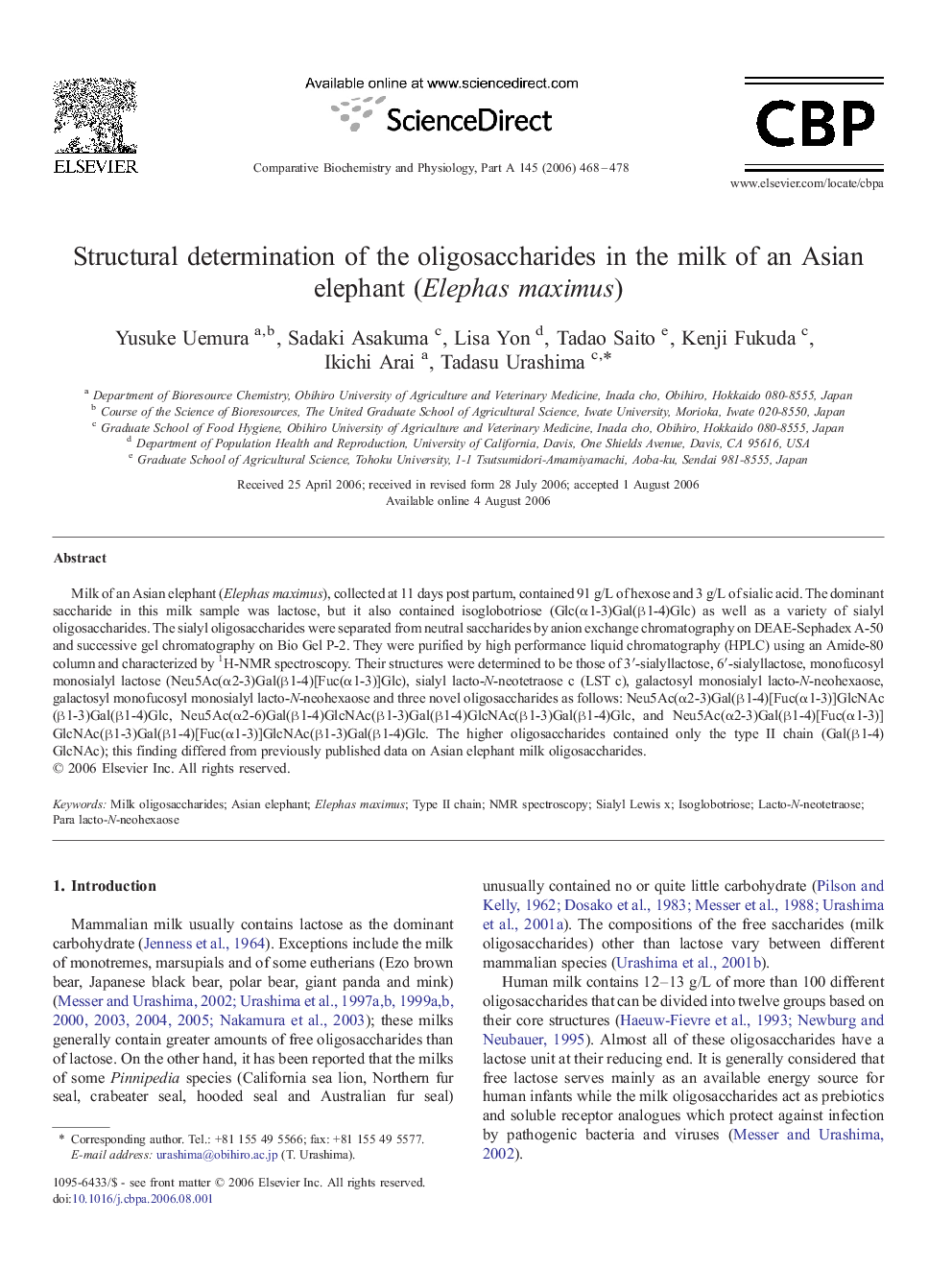 Structural determination of the oligosaccharides in the milk of an Asian elephant (Elephas maximus)