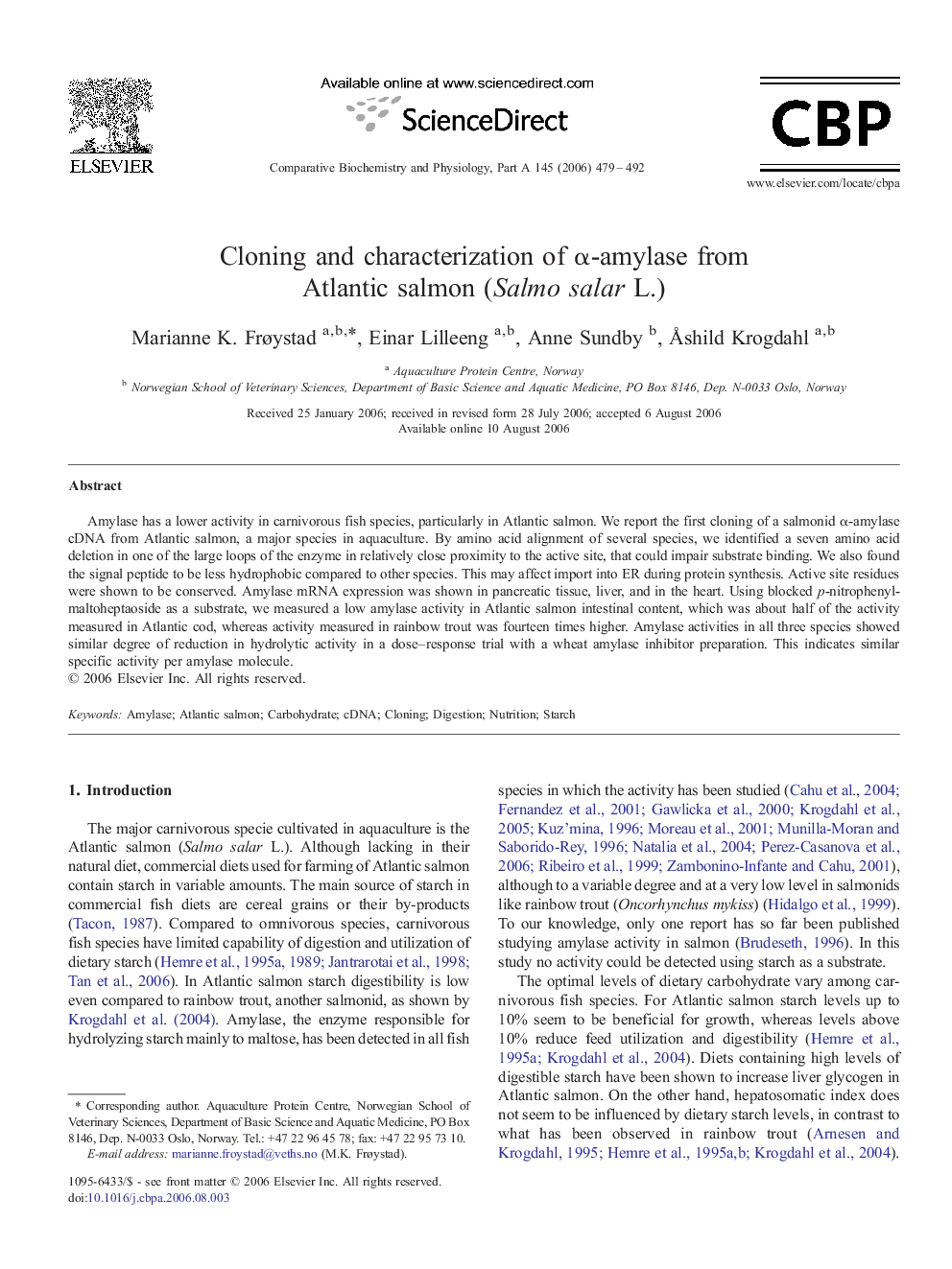 Cloning and characterization of α-amylase from Atlantic salmon (Salmo salar L.)