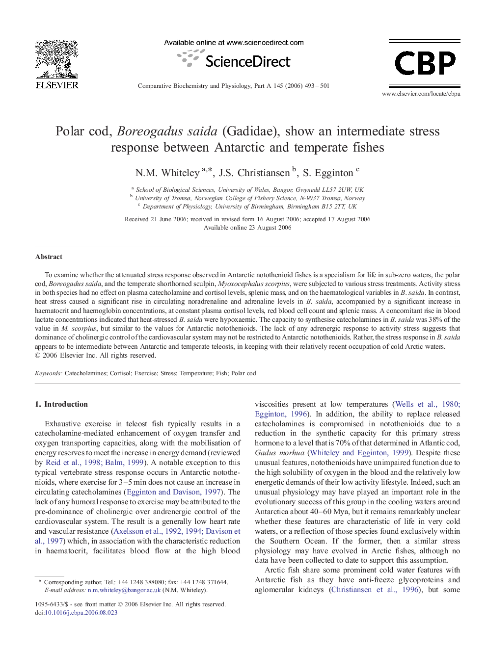 Polar cod, Boreogadus saida (Gadidae), show an intermediate stress response between Antarctic and temperate fishes