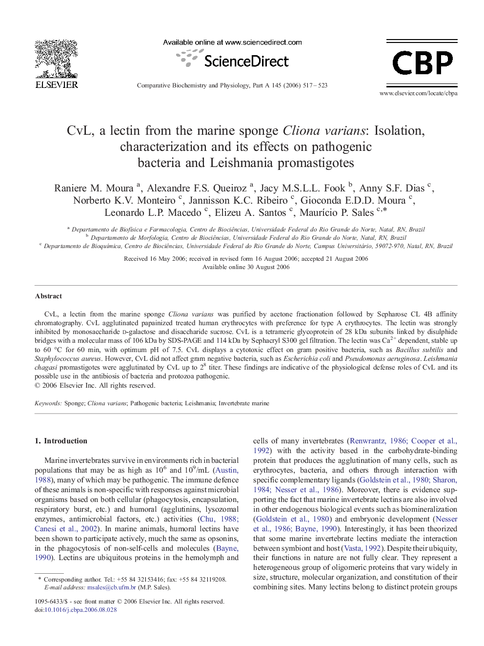 CvL, a lectin from the marine sponge Cliona varians: Isolation, characterization and its effects on pathogenic bacteria and Leishmania promastigotes