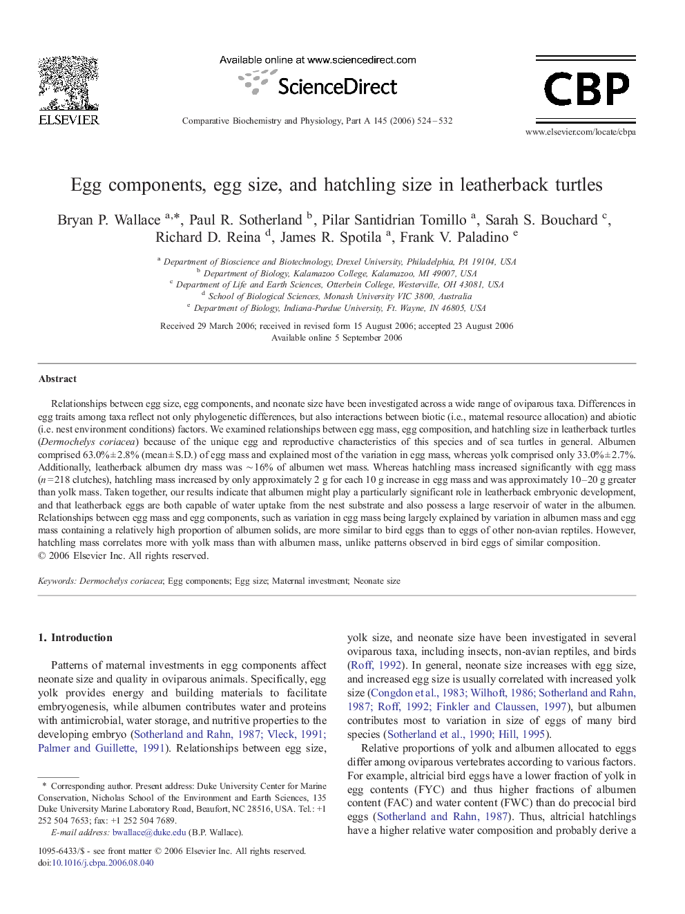 Egg components, egg size, and hatchling size in leatherback turtles