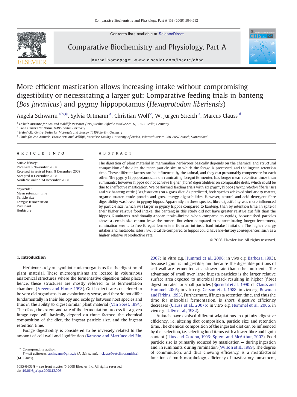 More efficient mastication allows increasing intake without compromising digestibility or necessitating a larger gut: Comparative feeding trials in banteng (Bos javanicus) and pygmy hippopotamus (Hexaprotodon liberiensis)