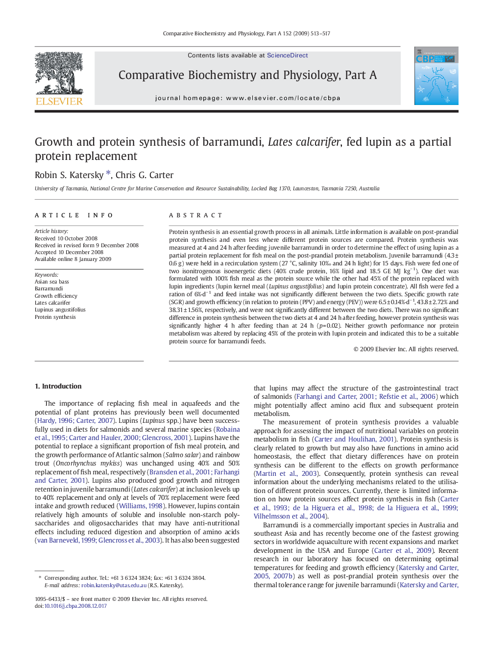 عکس صفحه اول مقاله: Growth and protein synthesis of barramundi, Lates calcarifer, fed lupin as a partial protein replacement Growth and protein synthesis of barramundi, Lates calcarifer, fed lupin as a partial protein replacement