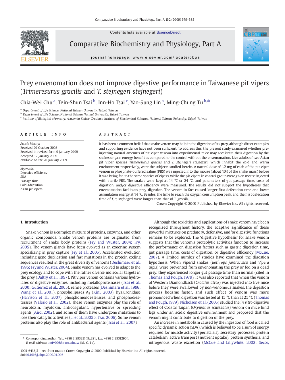 Prey envenomation does not improve digestive performance in Taiwanese pit vipers (Trimeresurus gracilis and T. stejnegeri stejnegeri)