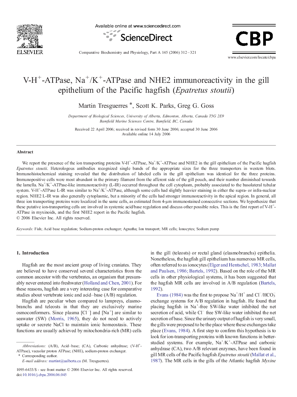 V-H+-ATPase, Na+/K+-ATPase and NHE2 immunoreactivity in the gill epithelium of the Pacific hagfish (Epatretus stoutii)