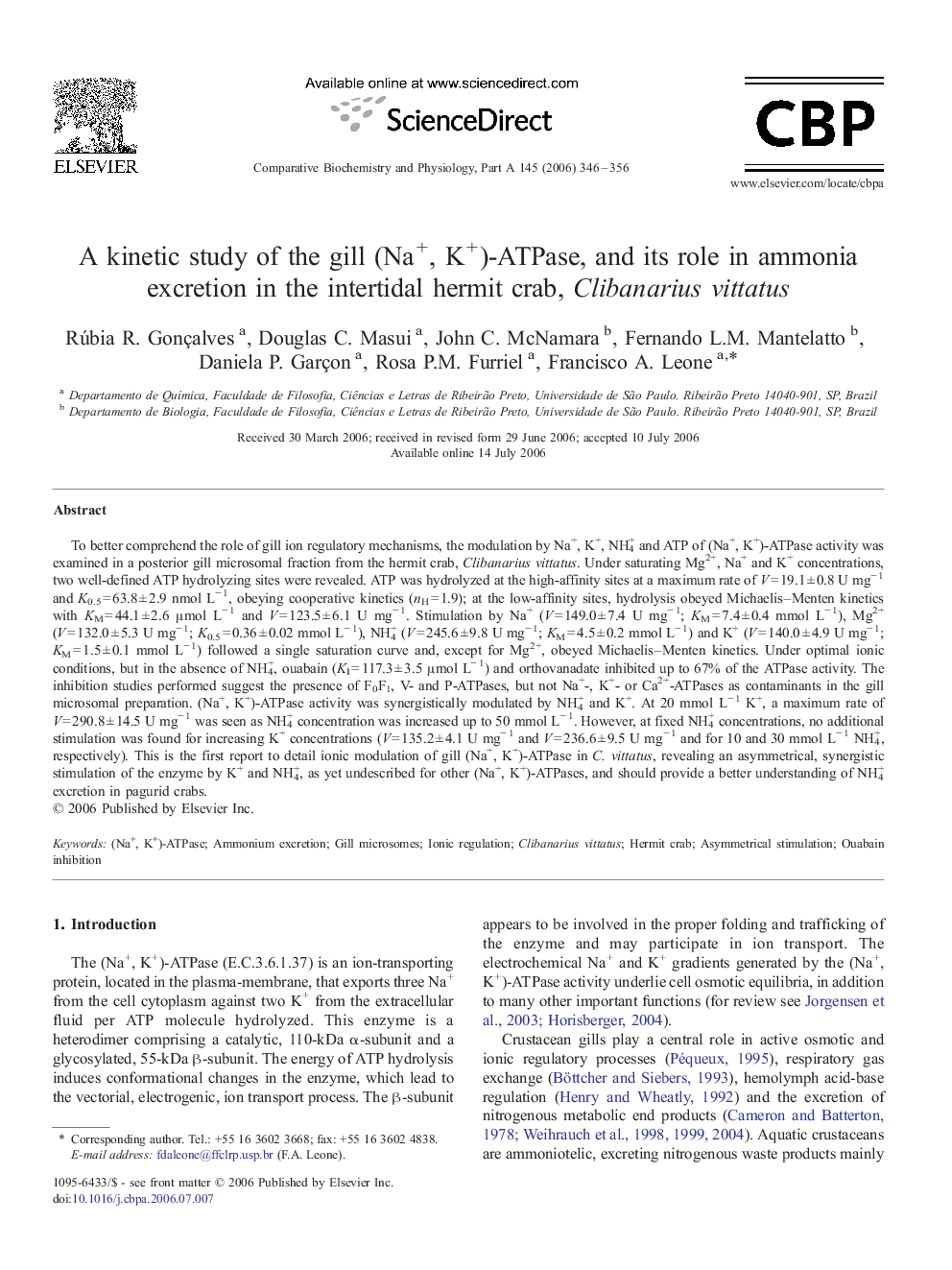 A kinetic study of the gill (Na+, K+)-ATPase, and its role in ammonia excretion in the intertidal hermit crab, Clibanarius vittatus