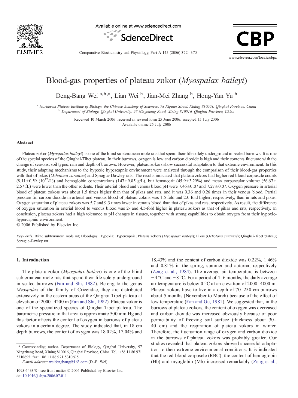 Blood-gas properties of plateau zokor (Myospalax baileyi)