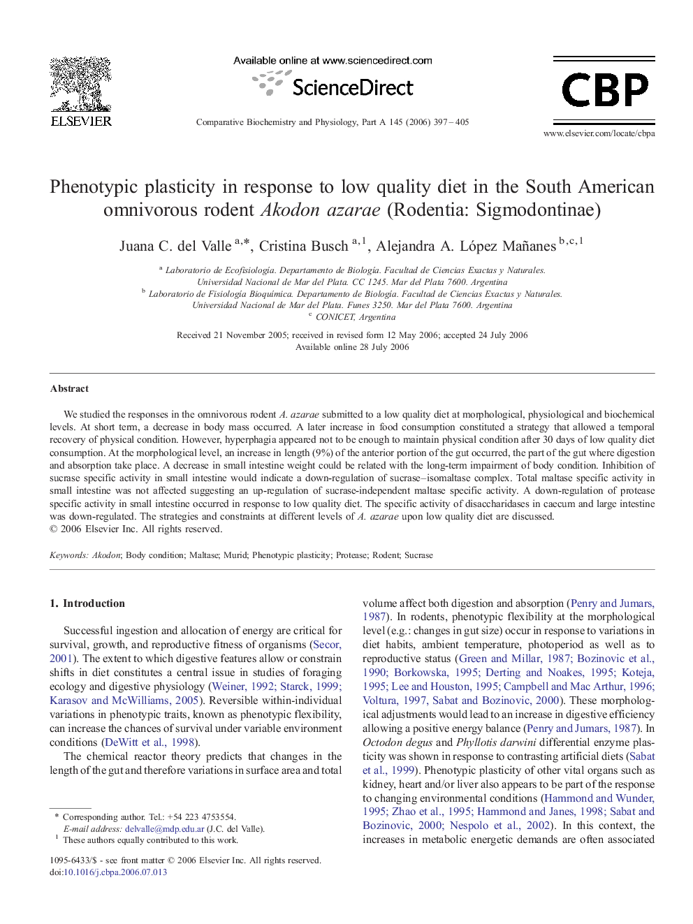 Phenotypic plasticity in response to low quality diet in the South American omnivorous rodent Akodon azarae (Rodentia: Sigmodontinae)