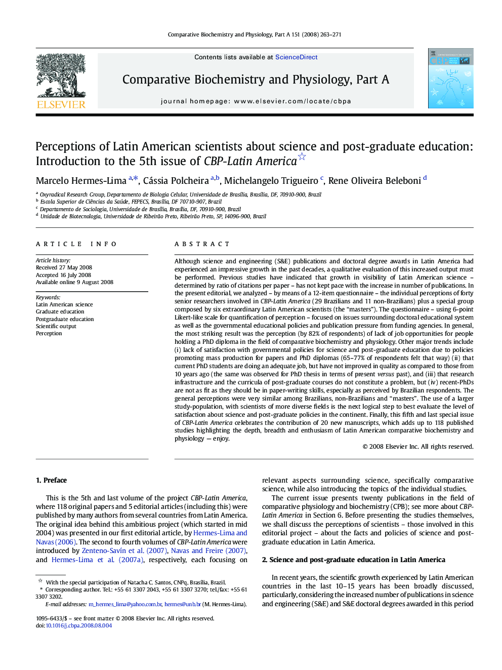 Perceptions of Latin American scientists about science and post-graduate education: Introduction to the 5th issue of CBP-Latin America