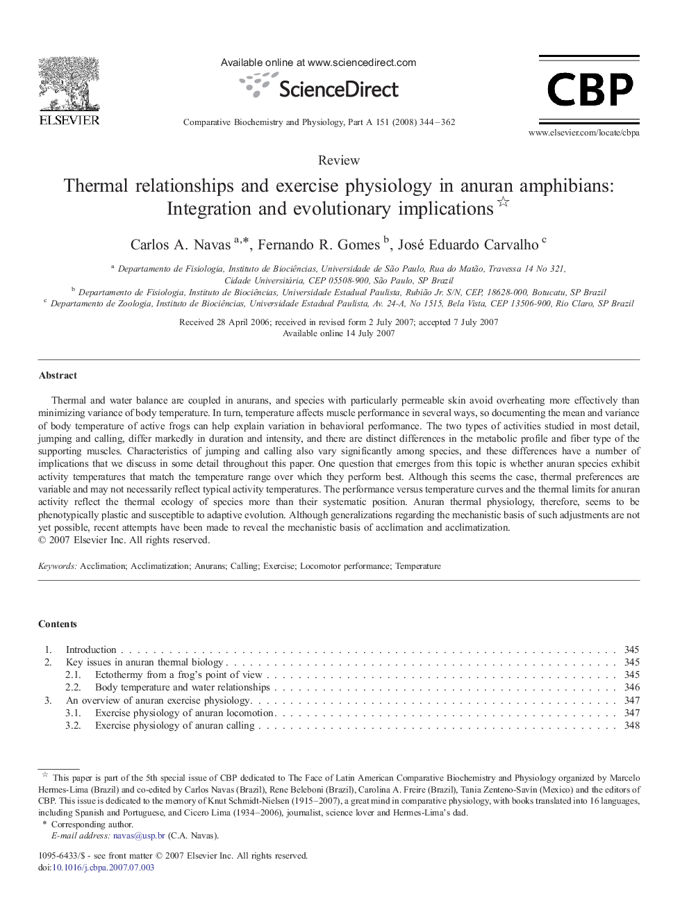 Thermal relationships and exercise physiology in anuran amphibians: Integration and evolutionary implications 