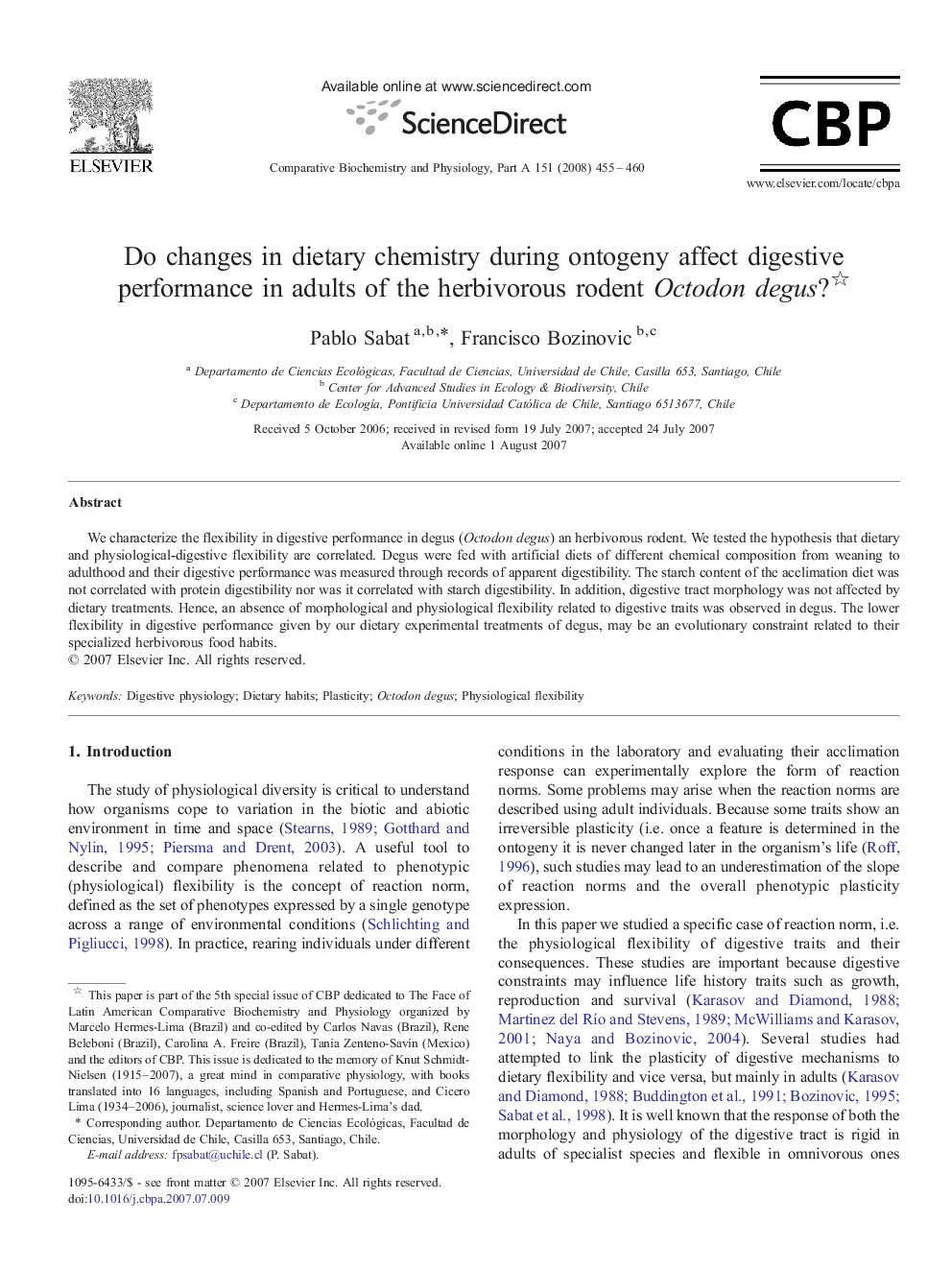 Do changes in dietary chemistry during ontogeny affect digestive performance in adults of the herbivorous rodent Octodon degus? 