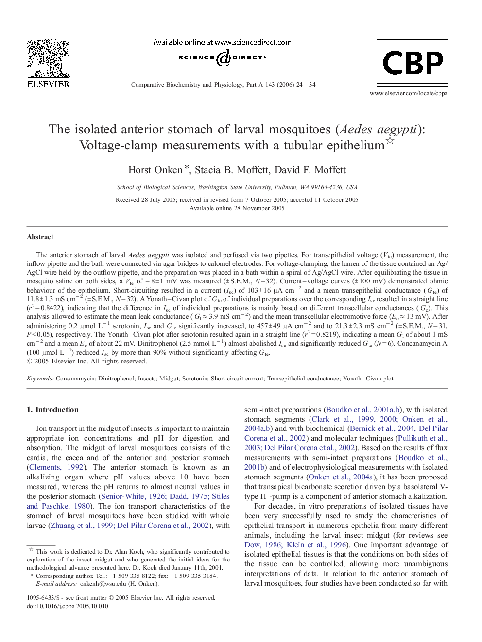 The isolated anterior stomach of larval mosquitoes (Aedes aegypti): Voltage-clamp measurements with a tubular epithelium