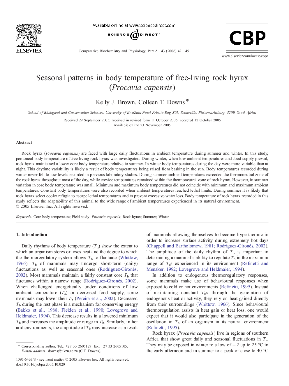 Seasonal patterns in body temperature of free-living rock hyrax (Procavia capensis)