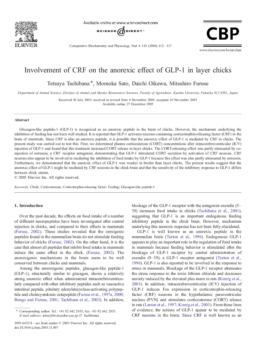 Involvement of CRF on the anorexic effect of GLP-1 in layer chicks