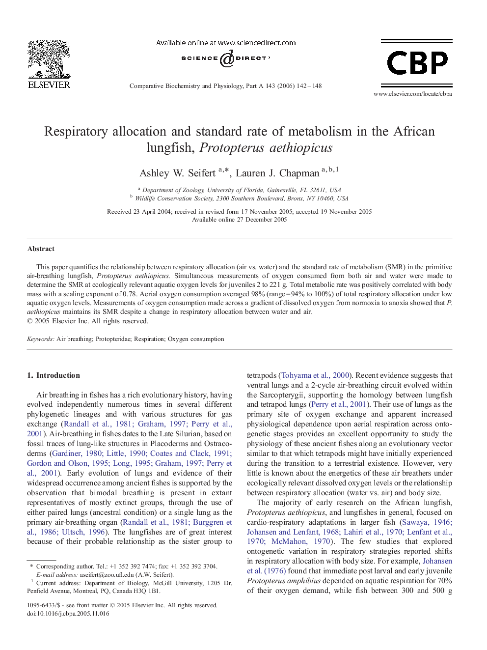 Respiratory allocation and standard rate of metabolism in the African lungfish, Protopterus aethiopicus