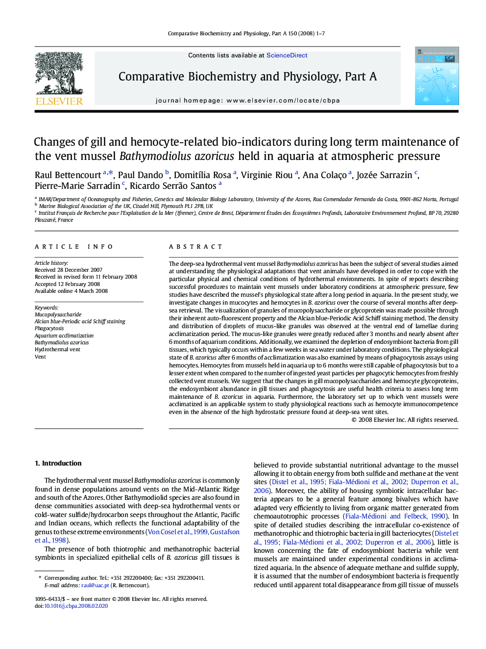 Changes of gill and hemocyte-related bio-indicators during long term maintenance of the vent mussel Bathymodiolus azoricus held in aquaria at atmospheric pressure