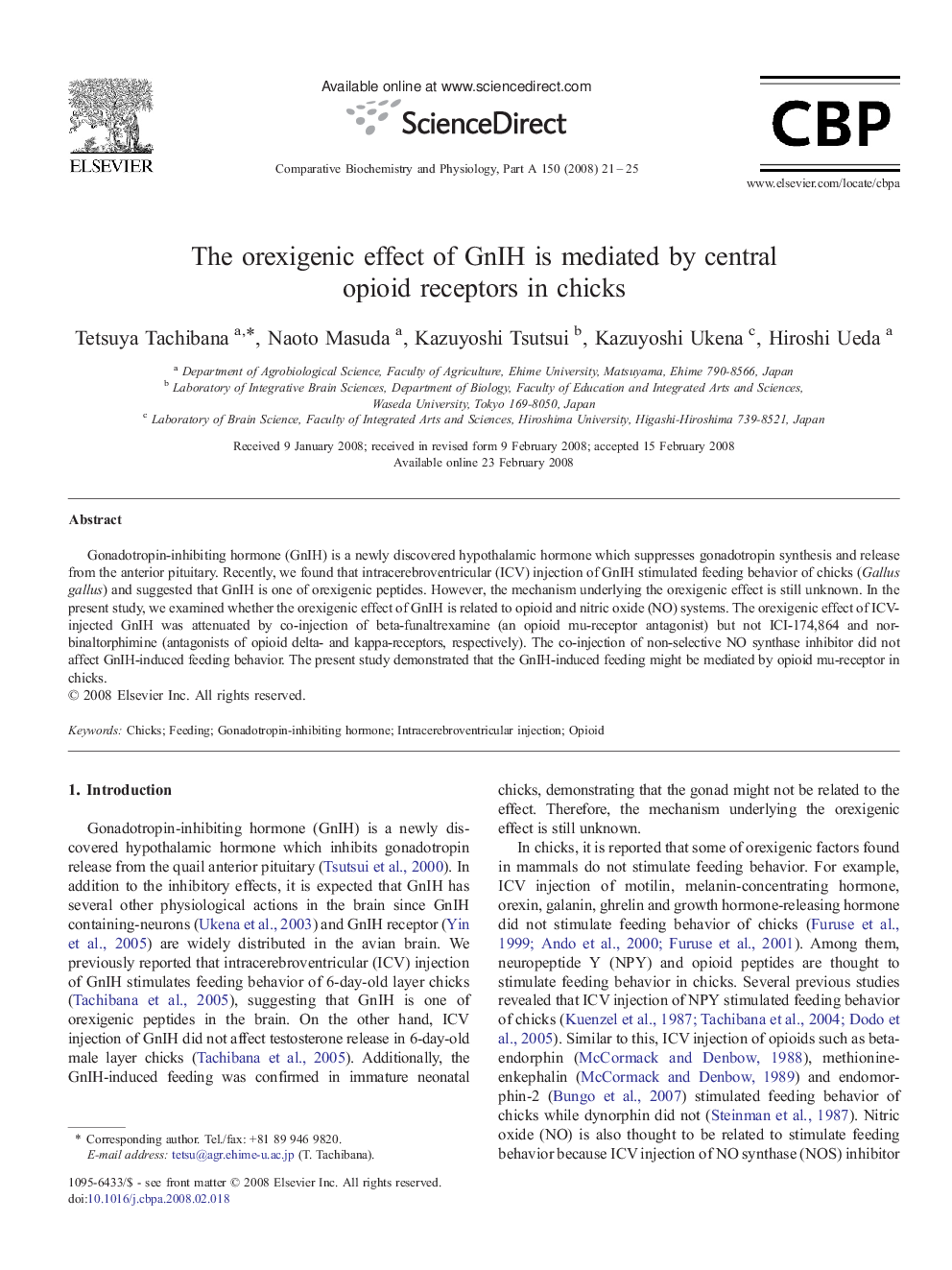 The orexigenic effect of GnIH is mediated by central opioid receptors in chicks