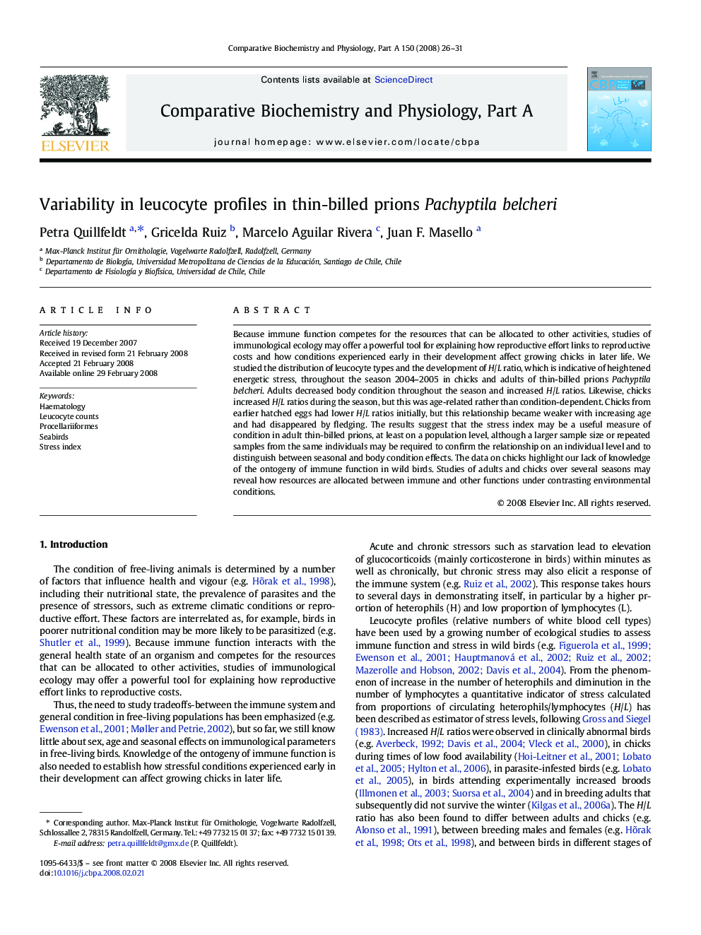 Variability in leucocyte profiles in thin-billed prions Pachyptila belcheri