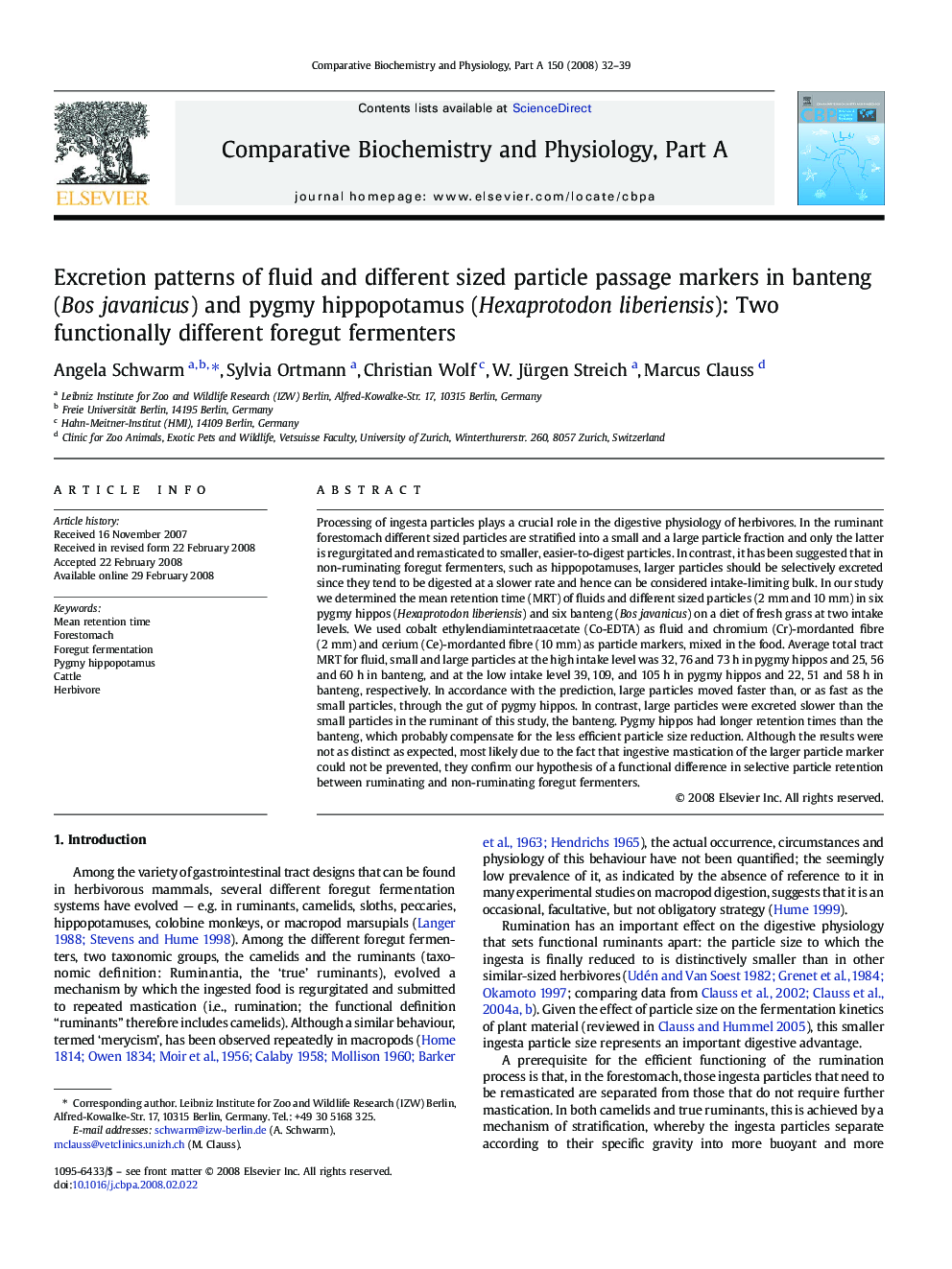 Excretion patterns of fluid and different sized particle passage markers in banteng (Bos javanicus) and pygmy hippopotamus (Hexaprotodon liberiensis): Two functionally different foregut fermenters