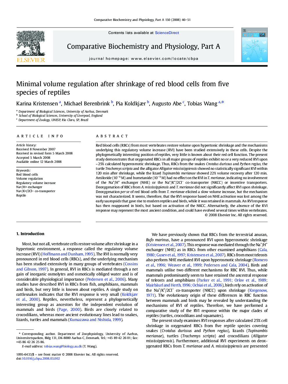 Minimal volume regulation after shrinkage of red blood cells from five species of reptiles