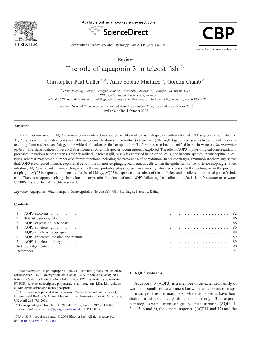 The role of aquaporin 3 in teleost fish 