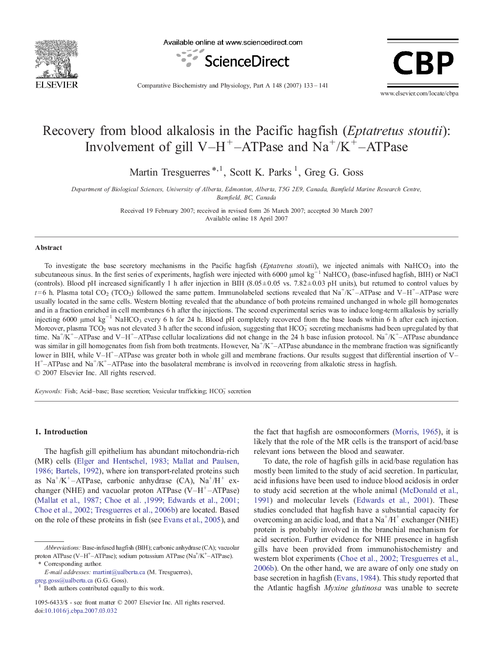 Recovery from blood alkalosis in the Pacific hagfish (Eptatretus stoutii): Involvement of gill V–H+–ATPase and Na+/K+–ATPase