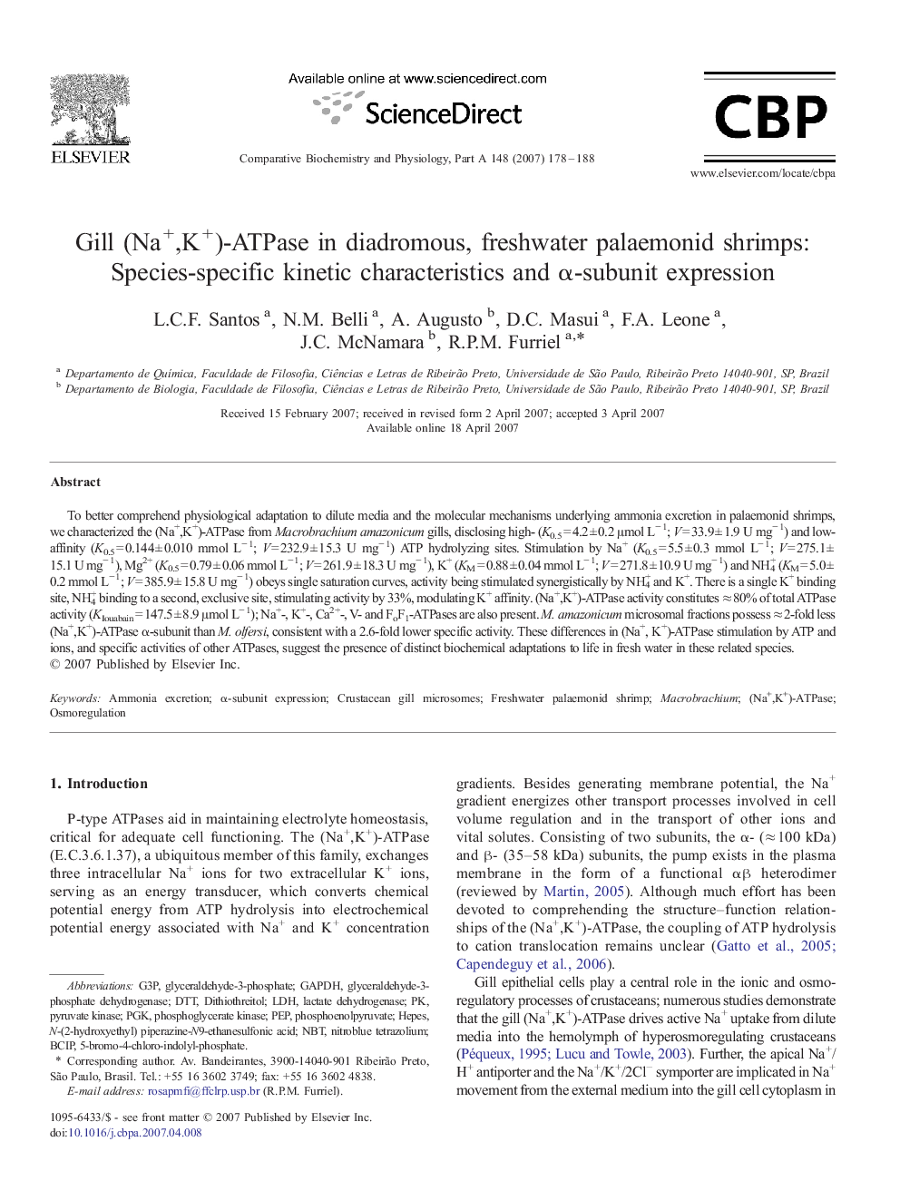 Gill (Na+,K+)-ATPase in diadromous, freshwater palaemonid shrimps: Species-specific kinetic characteristics and α-subunit expression