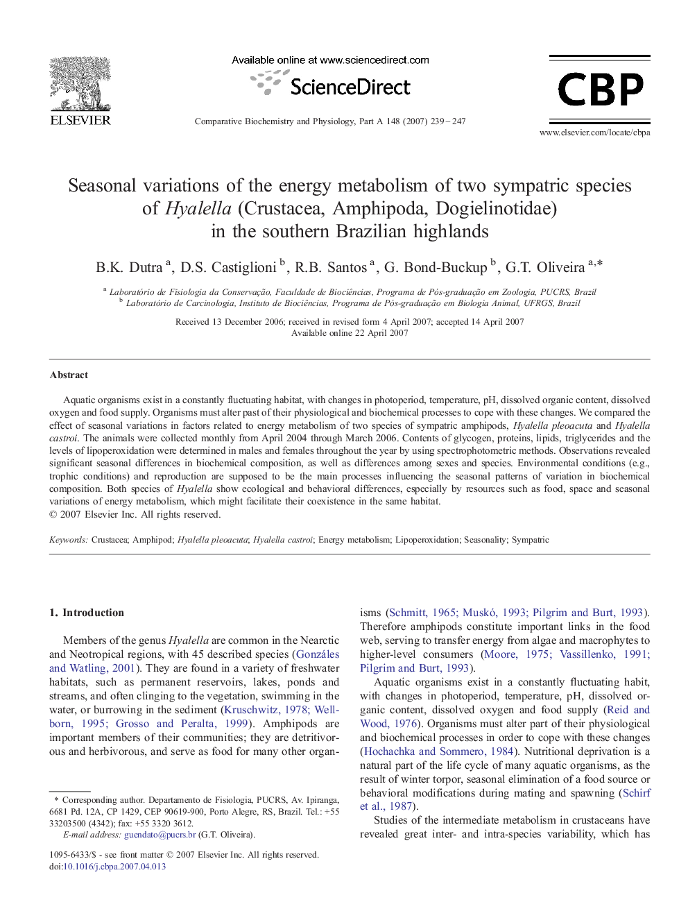 Seasonal variations of the energy metabolism of two sympatric species of Hyalella (Crustacea, Amphipoda, Dogielinotidae) in the southern Brazilian highlands