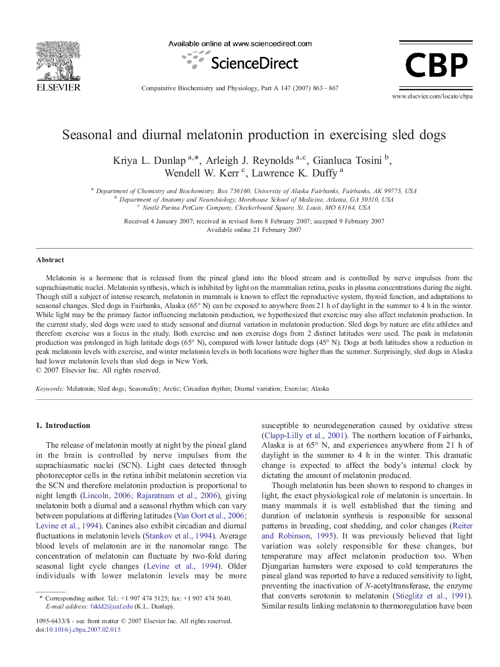 Seasonal and diurnal melatonin production in exercising sled dogs