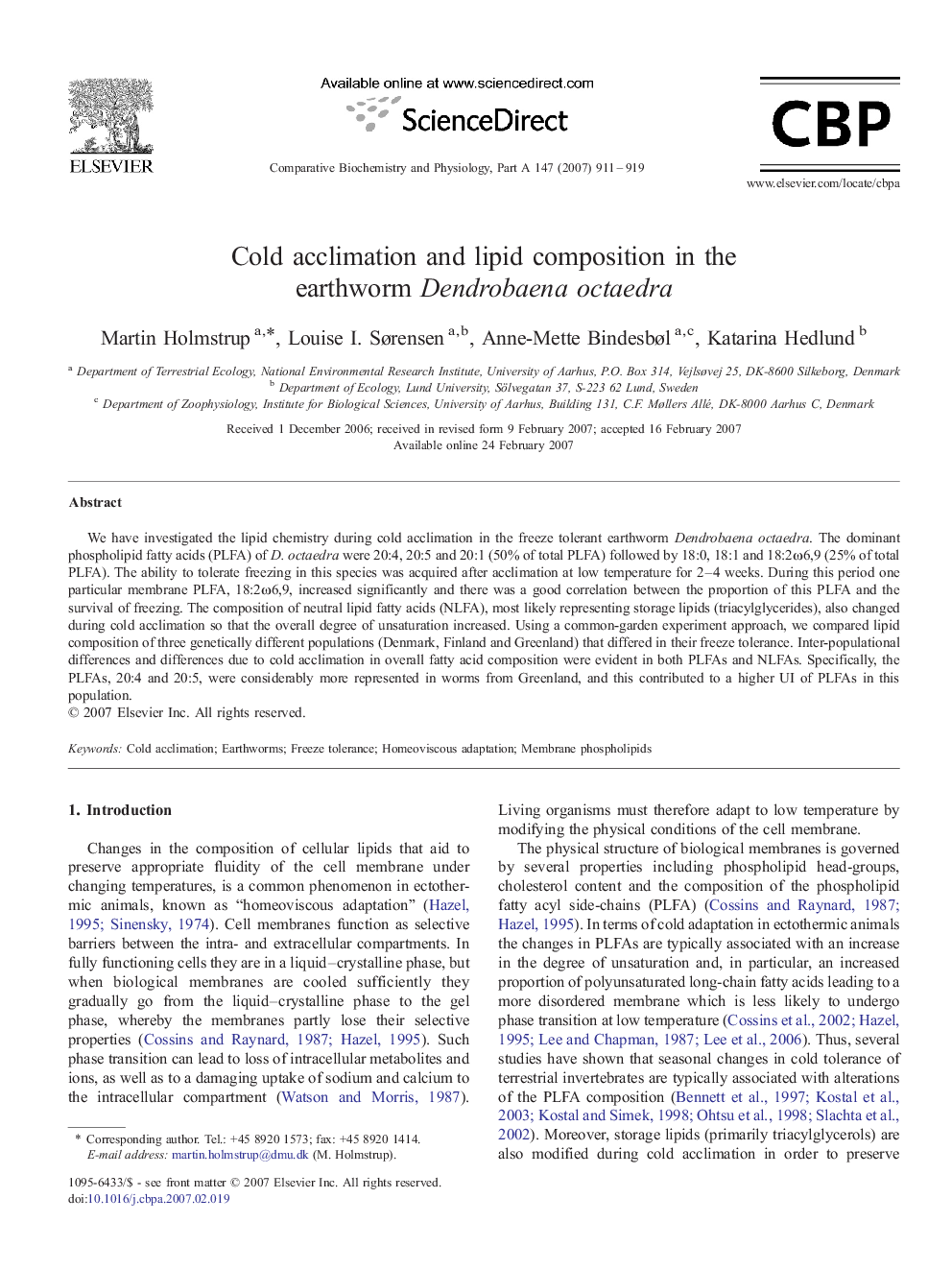 Cold acclimation and lipid composition in the earthworm Dendrobaena octaedra