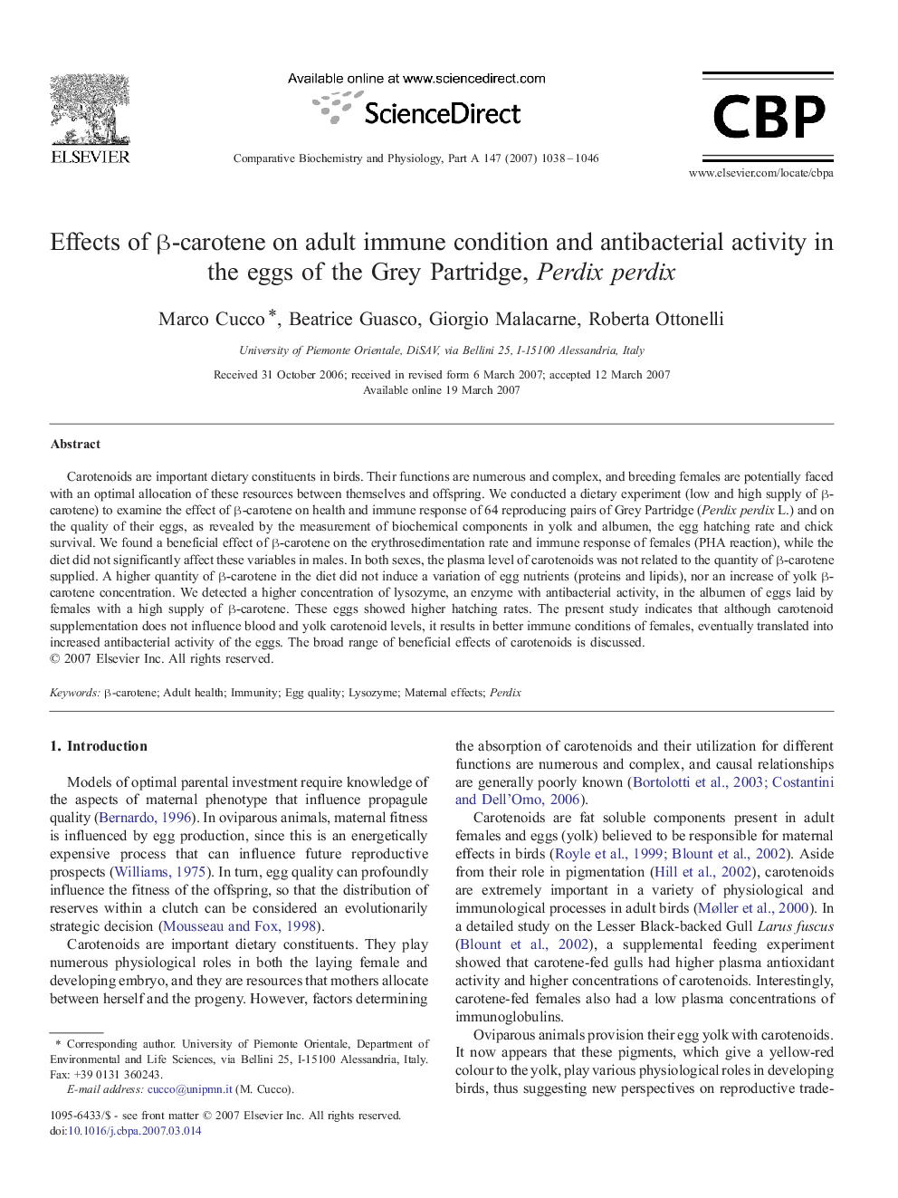 Effects of β-carotene on adult immune condition and antibacterial activity in the eggs of the Grey Partridge, Perdix perdix