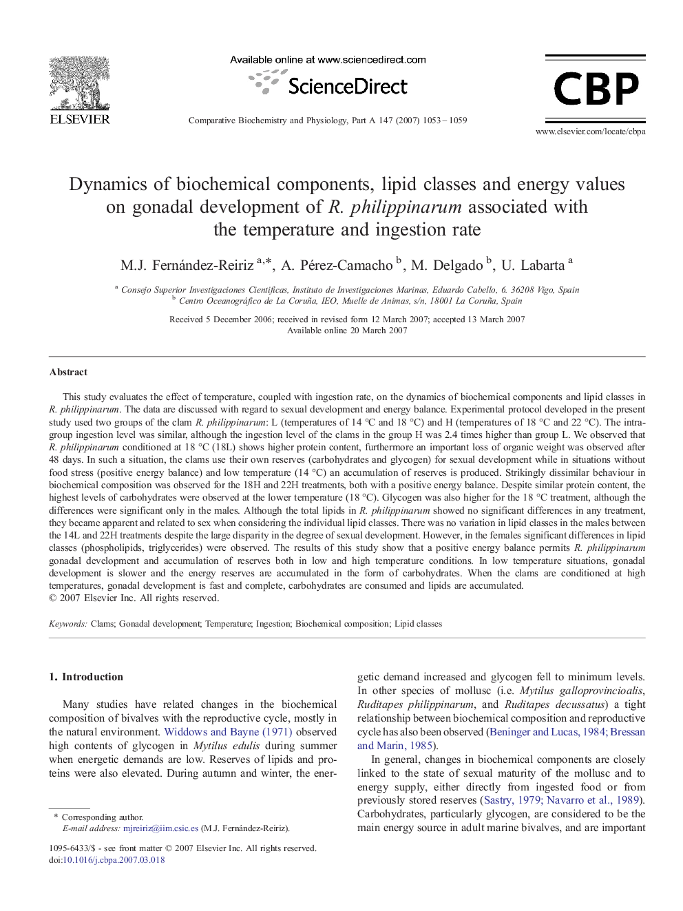 Dynamics of biochemical components, lipid classes and energy values on gonadal development of R. philippinarum associated with the temperature and ingestion rate