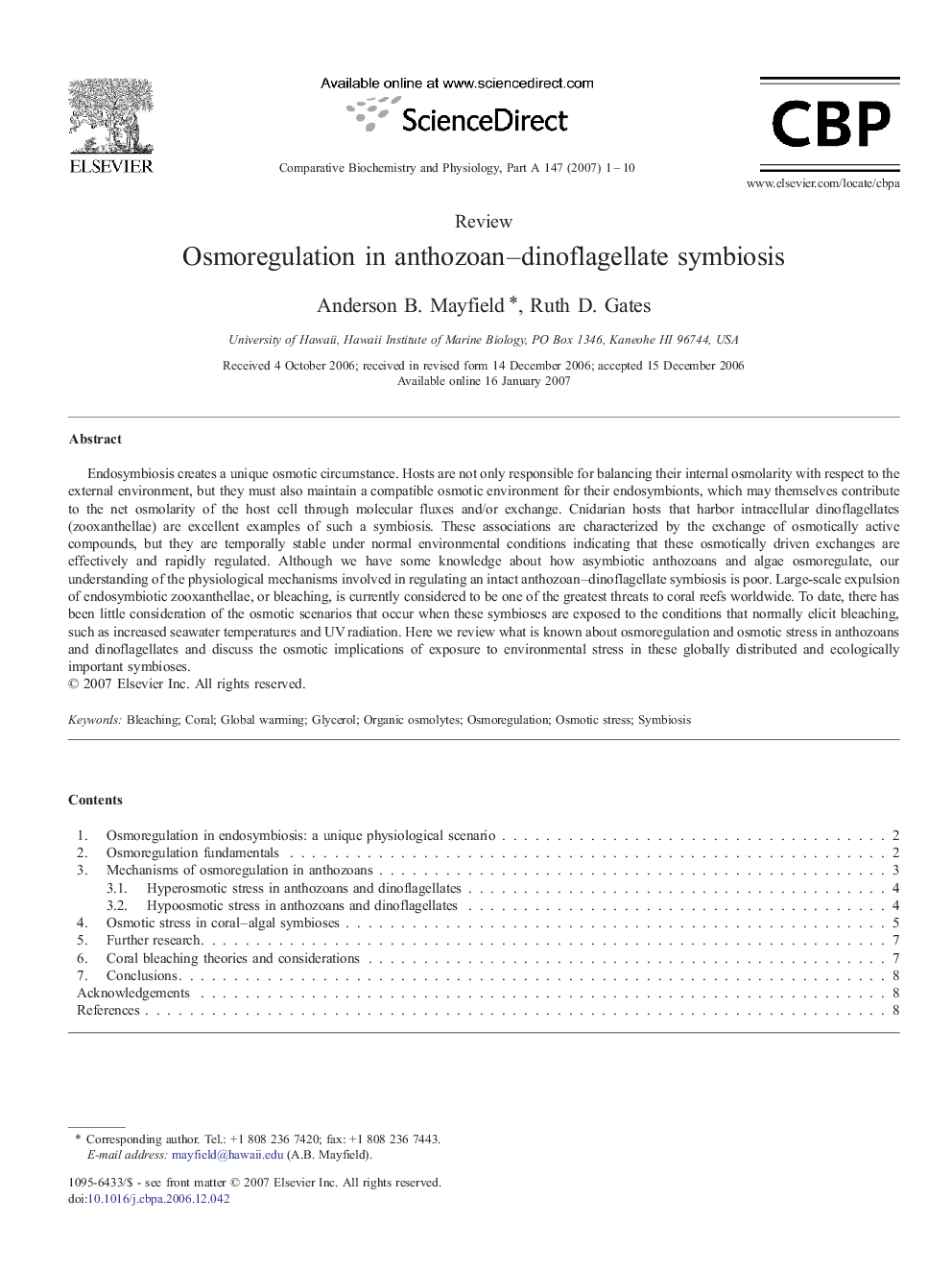 Osmoregulation in anthozoan–dinoflagellate symbiosis