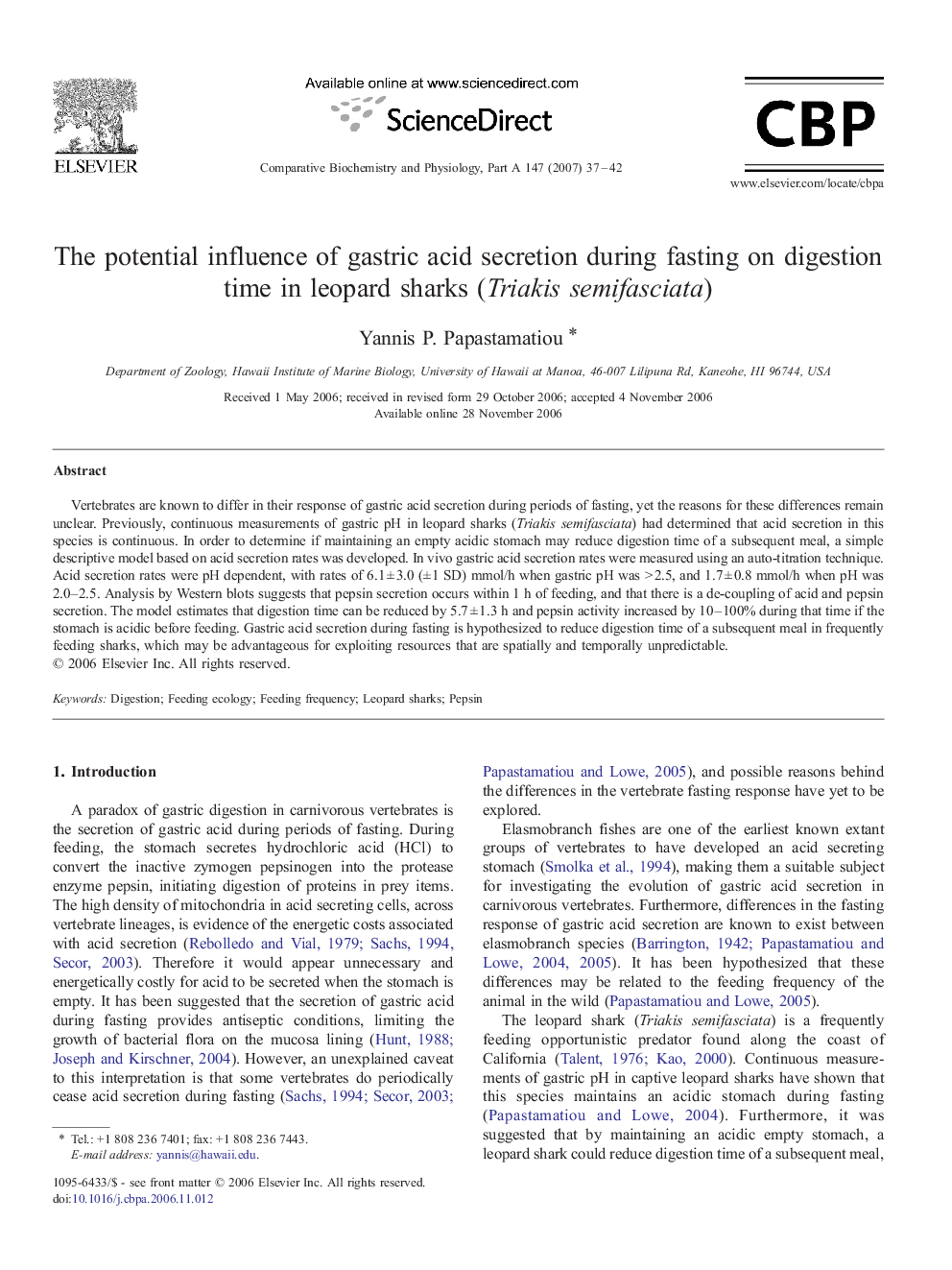 The potential influence of gastric acid secretion during fasting on digestion time in leopard sharks (Triakis semifasciata)