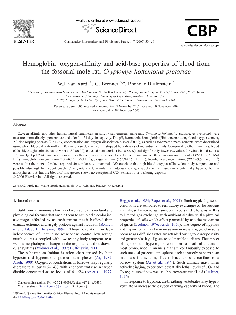 Hemoglobin–oxygen-affinity and acid-base properties of blood from the fossorial mole-rat, Cryptomys hottentotus pretoriae