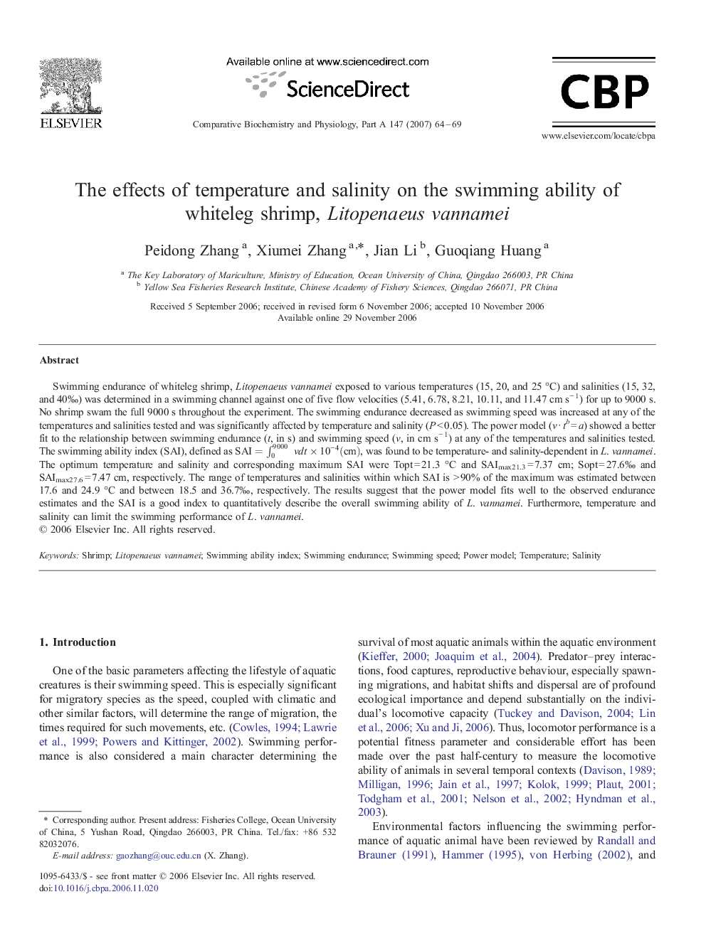 The effects of temperature and salinity on the swimming ability of whiteleg shrimp, Litopenaeus vannamei