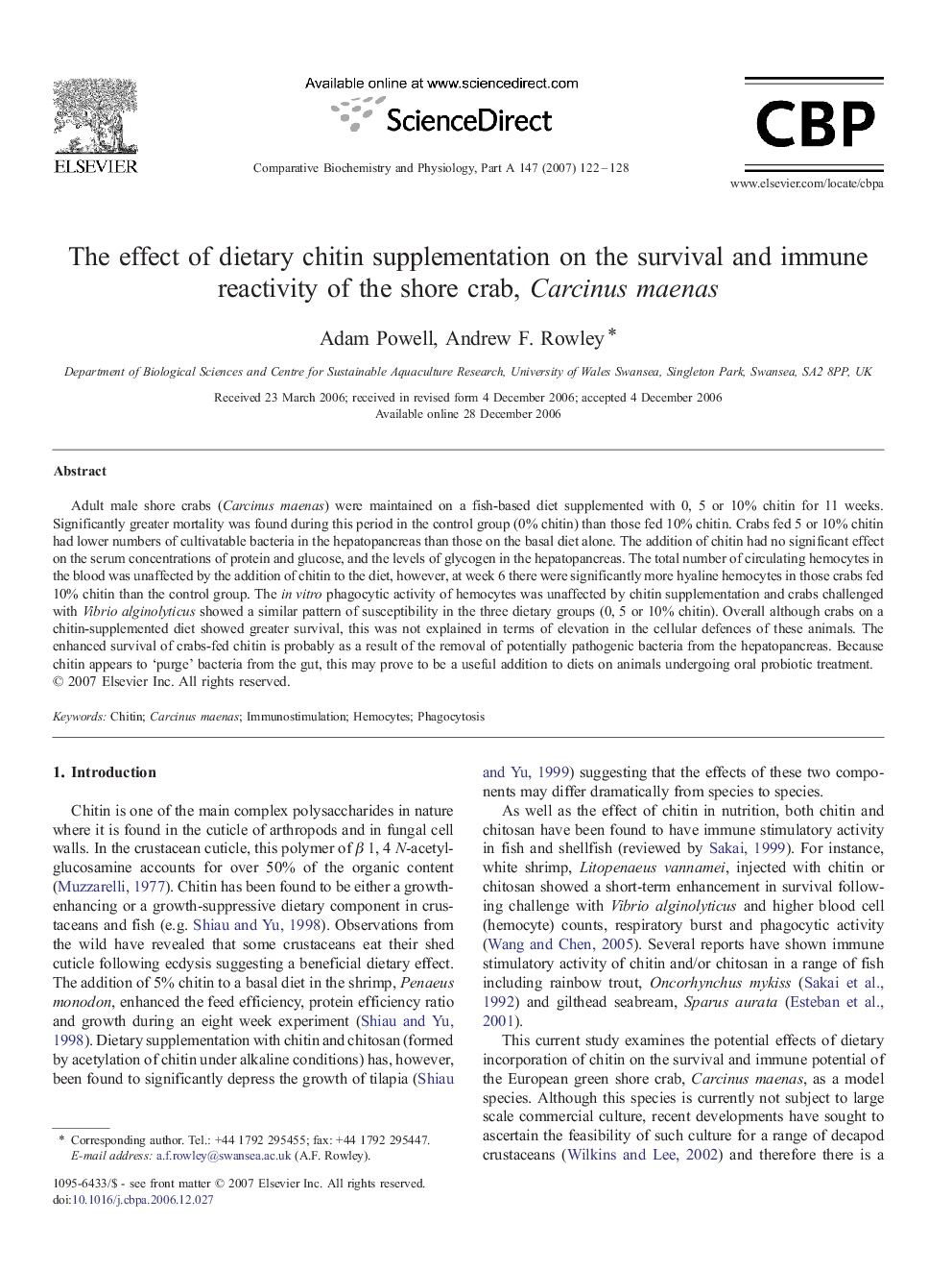 The effect of dietary chitin supplementation on the survival and immune reactivity of the shore crab, Carcinus maenas