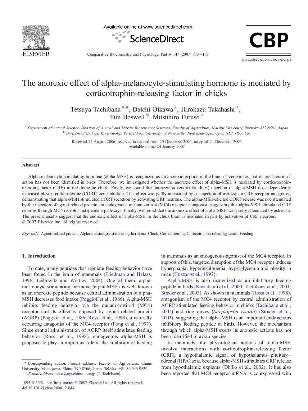 The anorexic effect of alpha-melanocyte-stimulating hormone is mediated by corticotrophin-releasing factor in chicks