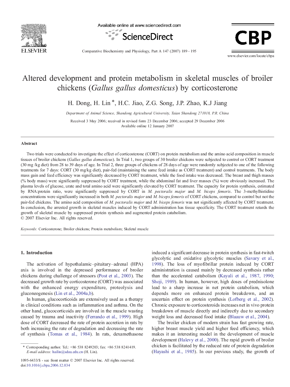 Altered development and protein metabolism in skeletal muscles of broiler chickens (Gallus gallus domesticus) by corticosterone