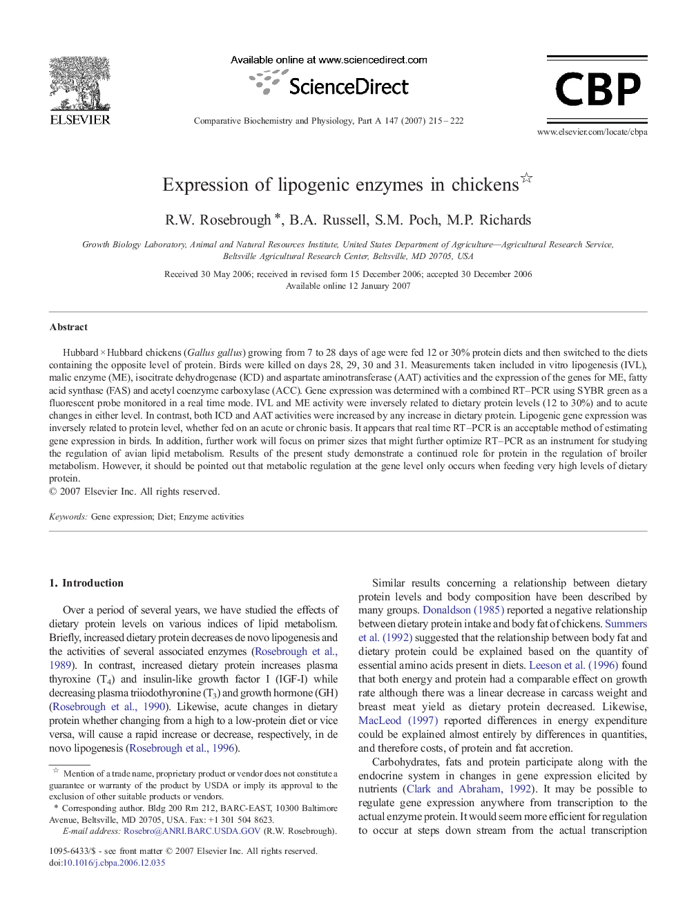 Expression of lipogenic enzymes in chickens