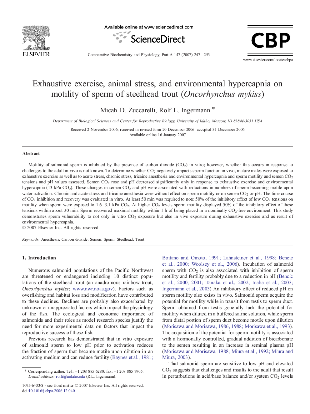 Exhaustive exercise, animal stress, and environmental hypercapnia on motility of sperm of steelhead trout (Oncorhynchus mykiss)