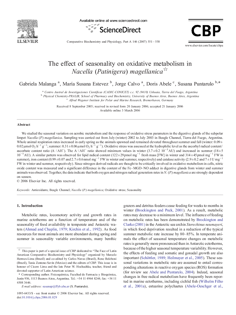 The effect of seasonality on oxidative metabolism in Nacella (Patinigera) magellanica