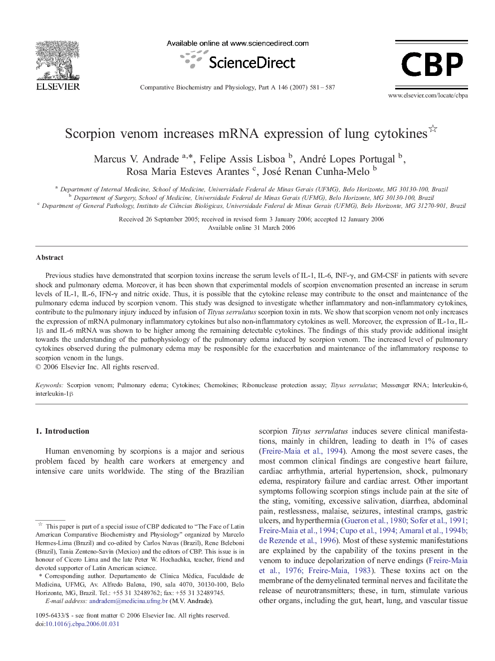 Scorpion venom increases mRNA expression of lung cytokines 