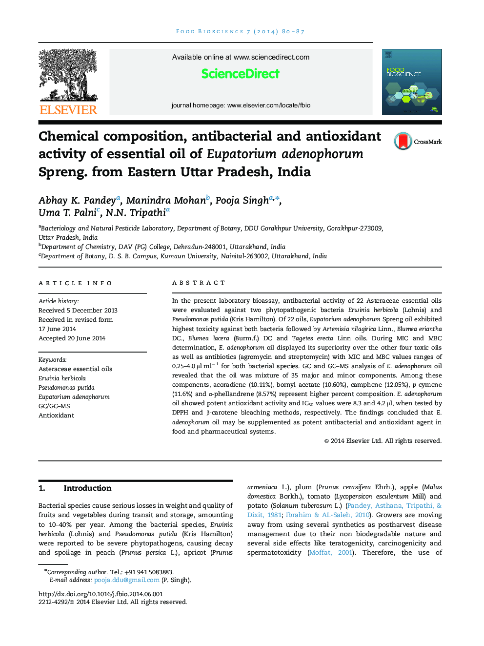 Chemical composition, antibacterial and antioxidant activity of essential oil of Eupatorium adenophorum Spreng. from Eastern Uttar Pradesh, India