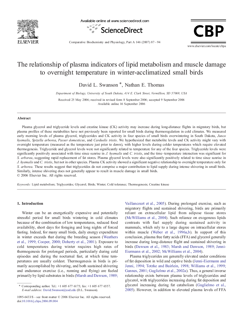 The relationship of plasma indicators of lipid metabolism and muscle damage to overnight temperature in winter-acclimatized small birds