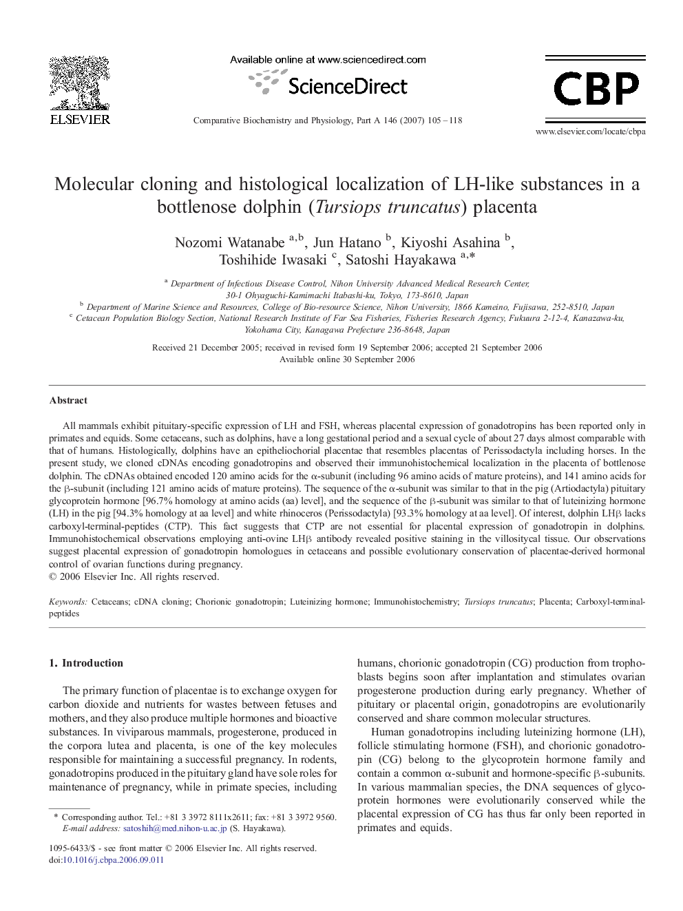 Molecular cloning and histological localization of LH-like substances in a bottlenose dolphin (Tursiops truncatus) placenta