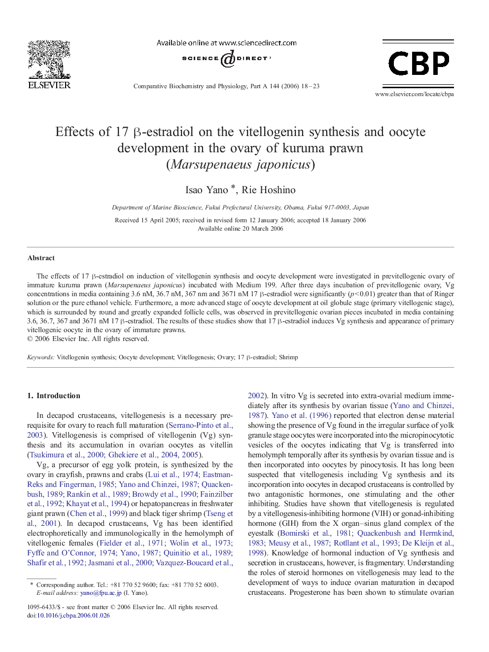 Effects of 17 β-estradiol on the vitellogenin synthesis and oocyte development in the ovary of kuruma prawn (Marsupenaeus japonicus)